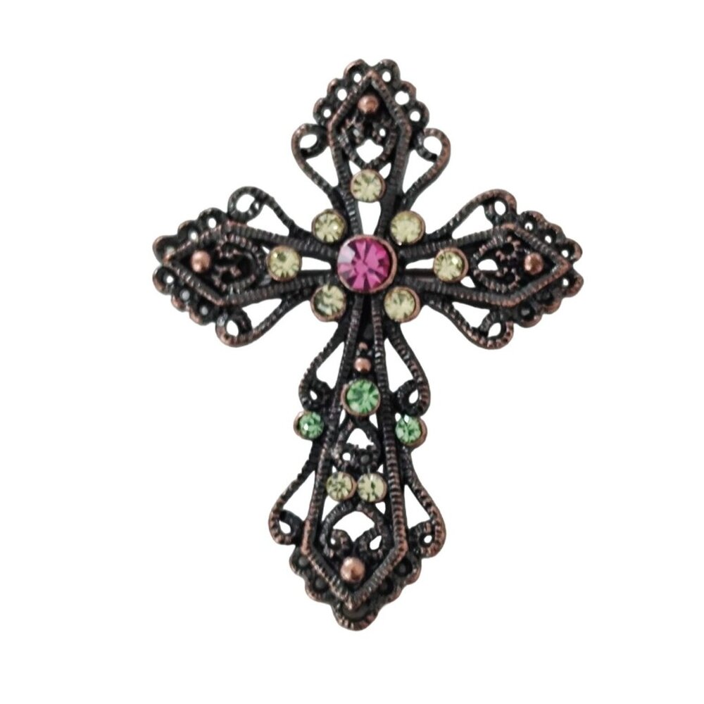 Vintage Ornate Bronze Color Cross Brooch With Colorful Gemstones